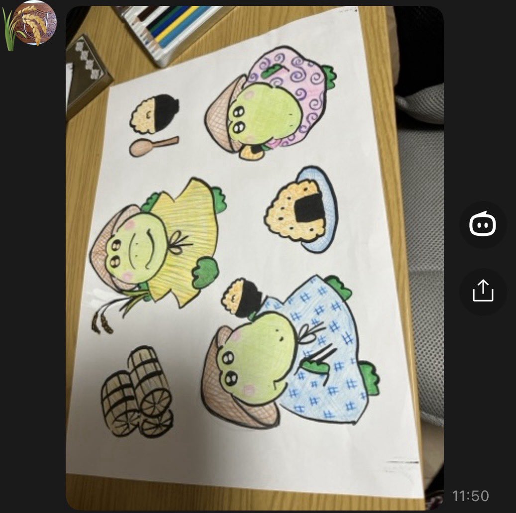 nowash_kome's tweet photo. 作画わたし、彩色おばあちゃんのワニワニぬりえ、なんかいい感じに笠とかお洋服の柄足されてて癒されたし最終的におばあちゃんの手により農作業用の笠になってた https://t.co/QafoLBw8aX