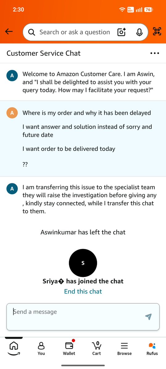 AnandAndy85's tweet photo. @AmazonHelp
@JeffBezos Dear sir, I am getting useless response from customer care and they are not ready to help. See the screenshot and video. CC don't have answer for the product delayed. We trust Amazon and place order for my wife birthday gift. But delivery issue ruined. https://t.co/oFDpVkwIc1