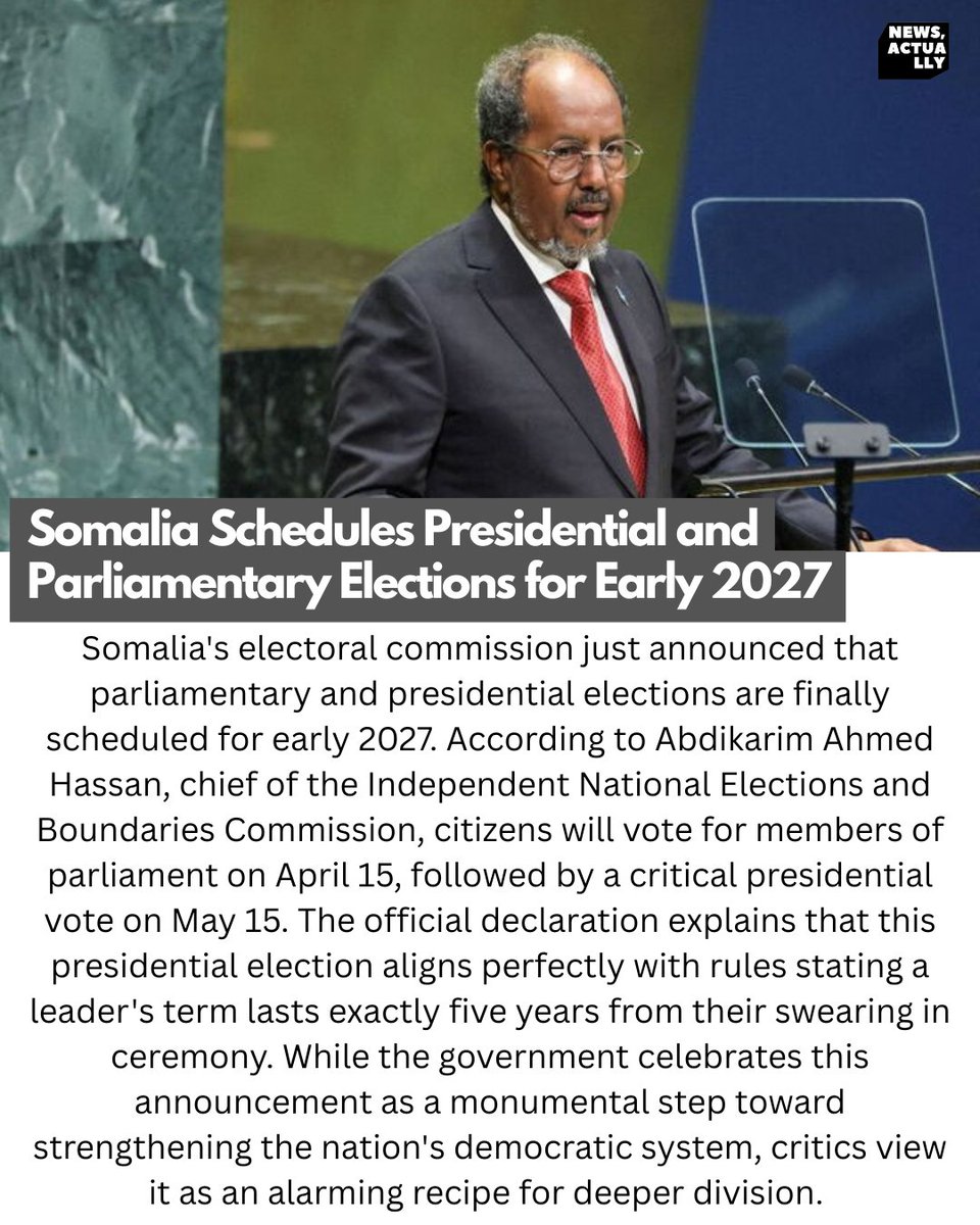 newsactually24's tweet photo. #Somalia has officially set its next parliamentary and presidential election dates for early 2027. However, with the opposition boycotting recent constitutional changes and warning of a potential "power grab," the decision is facing pushback.
#News #Africa #Election #Politics https://t.co/MrYi0eDAyr