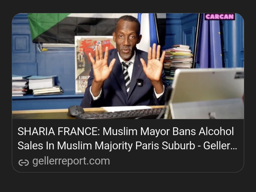 IClueso's tweet photo. SHARIA FRANCE: Muslim Mayor Bans Alcohol Sales In Muslim Majority Paris Suburb    #BET  #NAACP  #NBA  #MLB   #NFL  #NOW  #NCAA   #AFLCIO   #MLS   #MOVEON  #SEIU  #BLM  #LULAC  #PLANNEDPARENTHOOD #SOCIALISM #COMMUNISM https://t.co/4LE4Mnrxp8 https://t.co/lZ6yv9hjky