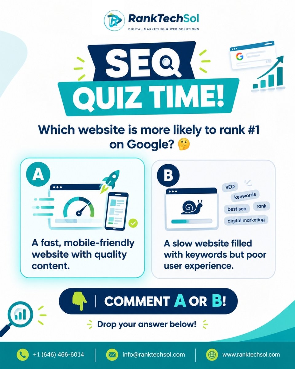 RankTechSol8706's tweet photo. 🧠 SEO Quiz: Which #website does #Google prefer?
🅰️ Fast, mobile-friendly & valuable content
🅱️ Slow, #keyword-stuffed & poor UX
👇 Comment A or B!
#RankTechSol #SEOQuiz #SEOTips https://t.co/Lu85e3lrLD