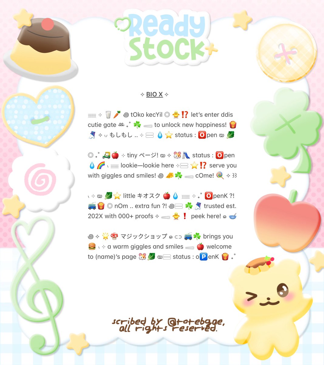 totebgae's tweet photo. ⠀⠀    ⠀⠀ ꒰ help rt, please? maaci! ꒱

☘️ ⸝ ⊹ もしもし!! ☆ 🍮🥣 യ ₊˚ mari bawa pulang ⊹ 𓈄 🚎💭 wording < KIDCORE > di bawah ini ⑅ 🍔⛳️ ⊹ ◎ scroll for more ⊂⊃ 🍎🐛 kindly @ aftter dm 𓈃 🐥‼️

🍟🍭 ┈──── #bealanja ୨୧ https://t.co/7CgcszGwgM