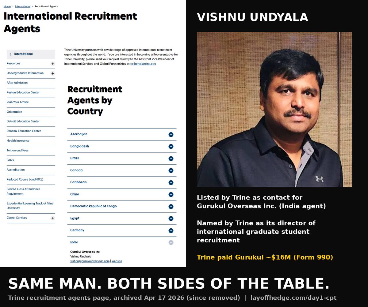 LayoffAI's tweet photo. SOMETHING WEIRD IS GOING ON AT UNIVERSITIES, HE SAYS

Look up Trine University, who has a 2nd "secret" branch that federal record show 9,123 students. 98.3% foreign.

Look up Vishnu Undyala, paid over $16,000,000 by Trine for "recruitment" of Indian students to America on student visas.

Look up how Trine has removed the "International Recruitment Agents" from their website (thank you Wayback machine).

Yes, something really fucking weird is going on Mr. Vice President @JDVance