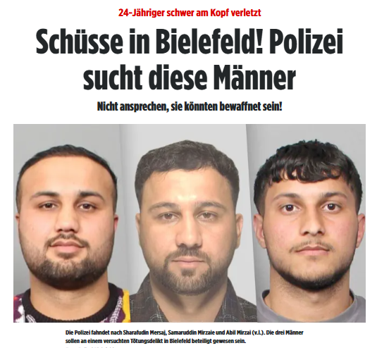 Taykra's tweet photo. #Bielefeld-Schildesche: Erst gab es einen lautstarken Streit zwischen zwei Männergruppen, dann fielen plötzlich Schüsse! Drei Menschen wurden verletzt. Jetzt fahndet die Polizei nach drei polizeibekannten Afghanen (20, 20 und 28)!https://t.co/y3wz7vcwcj https://t.co/5SkSMN5z91