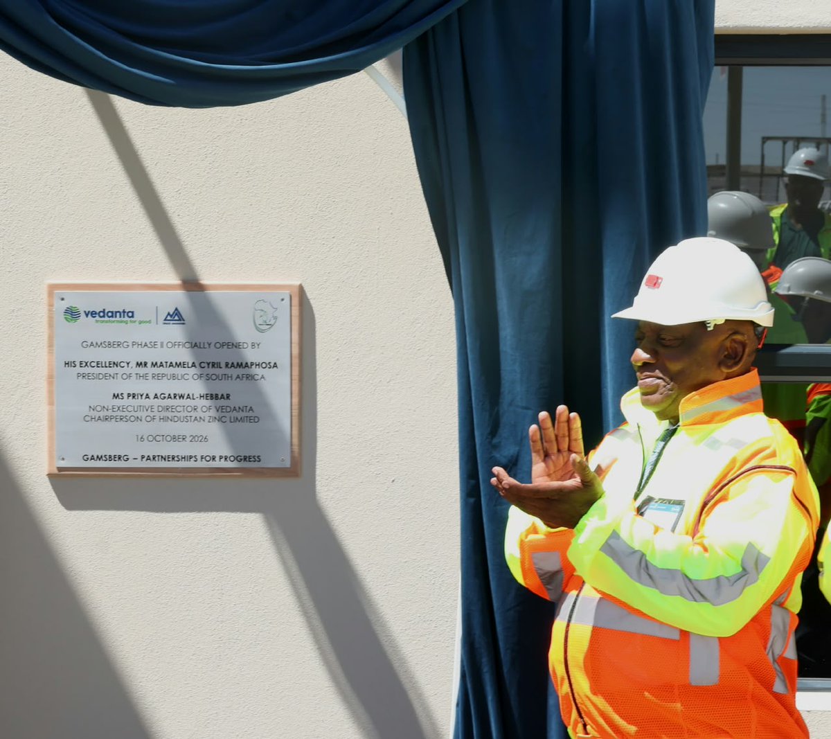 GovernmentZA's tweet photo. President Cyril Ramaphosa unveils the commemorative plaque to officially mark the inauguration of the Gamsberg Phase II Expansion Project at Gamsberg Mine in Aggeneys, Northern Cape.

The inauguration marks a significant milestone in Vedanta Zinc International’s long-term commitment to South Africa and reflects the importance of collaboration between government, business, employees and communities in advancing inclusive growth and regional development.

The Phase II expansion increases the mine’s annual zinc-in-concentrate capacity to approximately 500 000 tonnes per annum, positioning Gamsberg to become one of the world’s largest zinc-producing operations and strengthening its contribution to the mining sector. 

#GovZAUpdates #VZIPhasell #InvestInSouthAfrica #EconomicGrowth