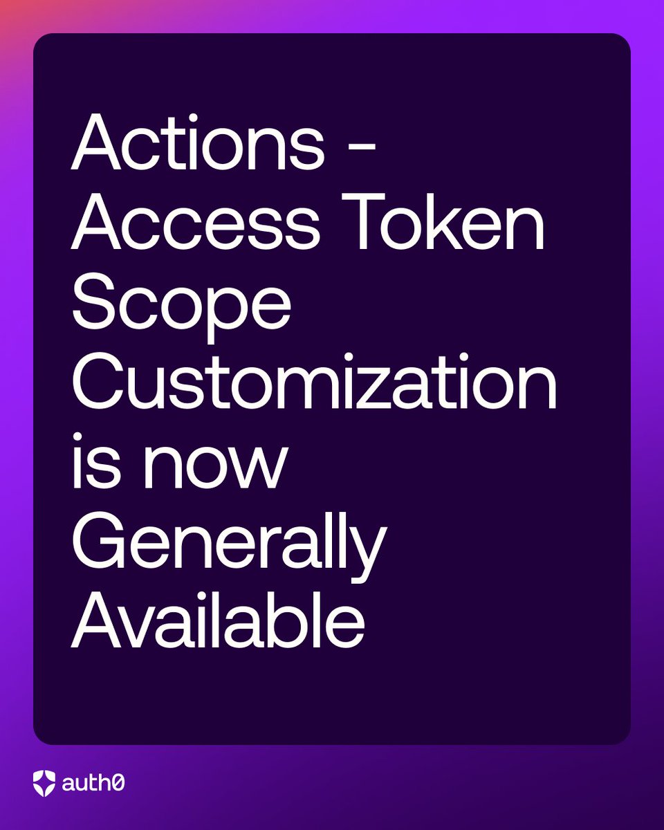 auth0's tweet photo. Scopes getting out of hand? Take control. 🔐

Access Token Scope Customization is now GA for @Auth0 Actions, including Post Login.

More flexibility. Same authorization guardrails.

https://t.co/xRwT4tx0EG https://t.co/yiwyOrILrY