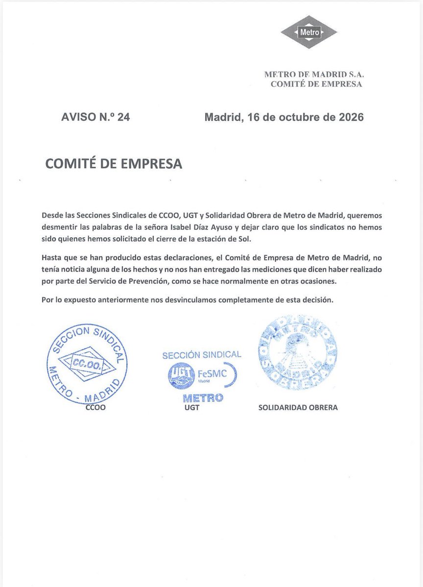 josevico4's tweet photo. Tragedia en tres actos.

1. Ayuso da la orden de cerrar el metro de la puerta del sol para echarle la culpa a los acampados.

2. RENFE que tiene estación allí dice que está todo ok y mantiene su estación abierta.

3. El comité de empresa del Metro tiene que emitir un comunicado para desmentir a la ultra neofascista, ellos no saben nada, solo sus declaraciones.

4. Esto ya es opinión mía.
Ayuso se cree que Madrid con los madrileños dentro, le pertenece, puede hacer y deshacer lo que le plazca.
Es capaz de cerrar una estación de metro como Sol, con lo que ello conlleva de lío para los madrileños, no para ella, para sacar rédito político.
La gran mayoría de usuaria del metro va a señalar a los acampados.
Esta gentuza no puede controlar el gobierno central, si ella pudiera ya habrían entrado a porrazos en la acampada.

Son el mal y gobiernan para hacer el mal.
Si los votas te acabará tocando.