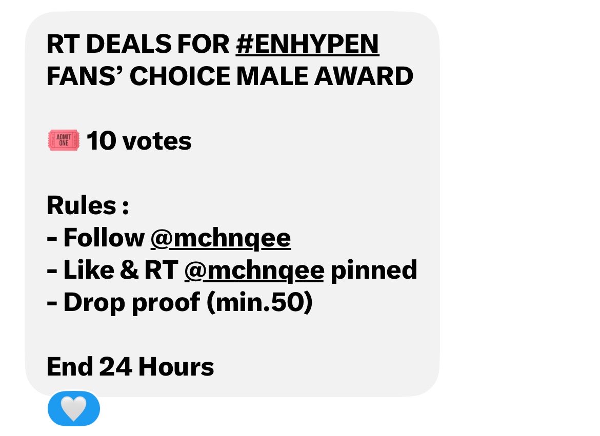 ikeuhazed's tweet photo. RT DEALS FOR #ENHYPEN
FANS’ CHOICE MALE AWARD

🎟️ 10 votes

Rules : 
- Follow @mchnqee
- Like &amp; RT @mchnqee pinned
- Drop proof (min.50)

End 24 Hours https://t.co/gAh7EyvYtO