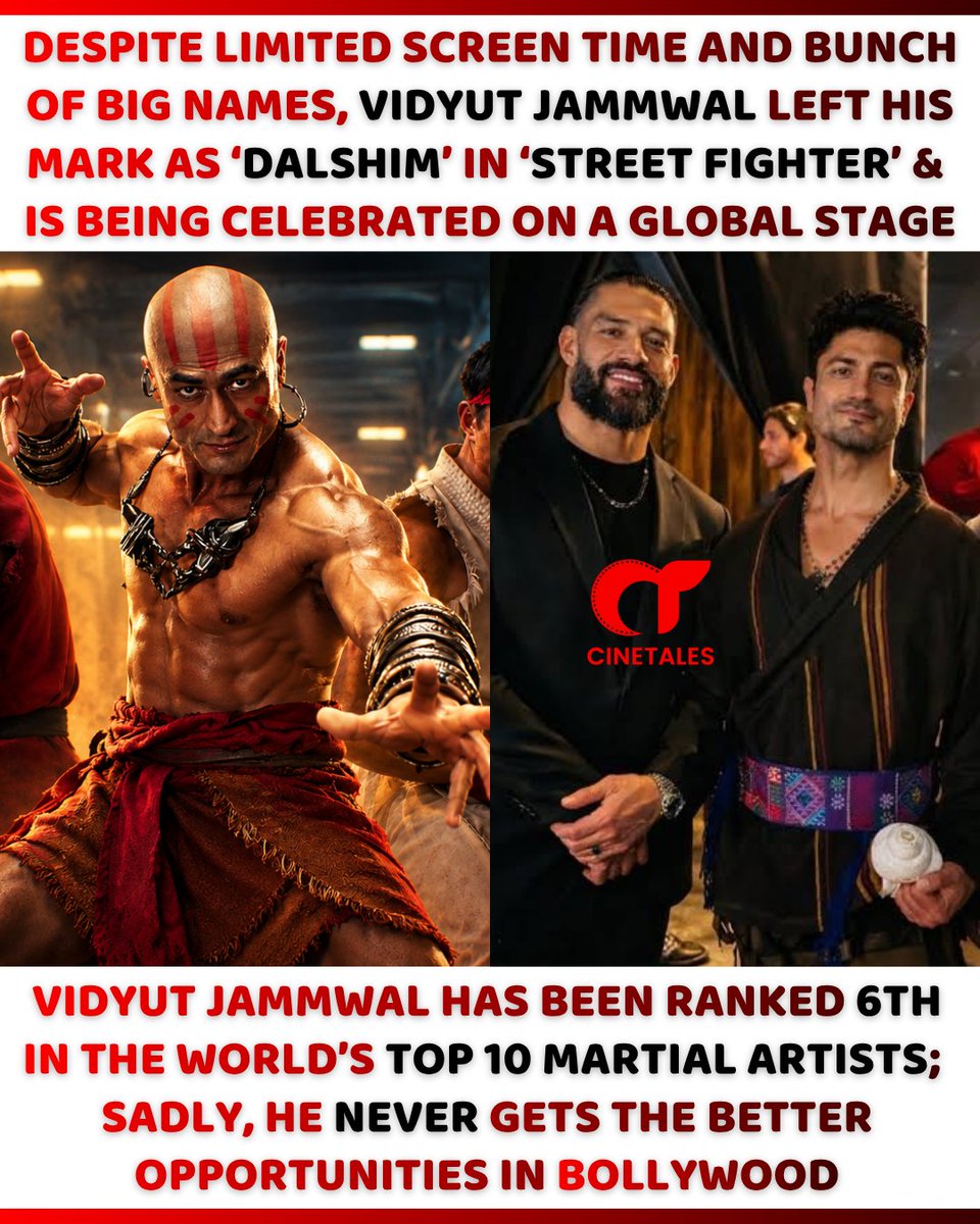 cine_tales's tweet photo. 🔥 VIDYUT JAMMWAL DESERVES SO MUCH BETTER! 💯💥
#Hollywood is celebrating his martial arts skills, #VidyutJammwal's portrayal of #Dalshim in #StreetFighter is making waves, and he has earned recognition among the world’s top martial artists! 🌍🥋 #StreetFighterMovie
BUT WHY DOES #BOLLYWOOD STILL UNDERUTILIZE A TALENT LIKE VIDYUT JAMMWAL? 🤔💔
The man has the action skills, the physique, the dedication and the screen presence to headline a global action franchise. 🎬
He deserves BIGGER ROLES, BETTER STORIES and the kind of opportunities that truly do justice to his talent! 💥
Bollywood needs to stop wasting his potential and let him unleash his full power on the big screen! 🔥👊
@VidyutJammwal