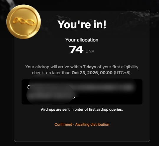 smolwyne's tweet photo. 🌚 Got $74M Airdrop from $DNA NeoSoul!

Oh shit, that's 74 $DNA tokens! 😂

But when it does a crime pump, maybe each token will hit $1M. Then my 74 $DNA will be worth $74M from @neosoul. 😂💀

🔗 Claim: https://t.co/WBmRSelSM0

– Confirm your allocation and wait 7 days.
– After 7 days, they'll send the tokens directly to your wallet.

I heard they reserved 6% for the community airdrop. No, no, not for their own community, maybe for Binance Alpha. 😁

And yes fam, I've seen many people receive between 1 and 69 tokens. Maybe they distributed fewer tokens, but the allocation also depended on points.

If you joined just to claim the box and have no points, how do you expect to receive a huge allocation? 

I've seen many people earn 50K–100K points by completing quests. So, yeah, I don't know how much they received, but if you have very few points, you might get only 1–69 tokens. 😌

Btw, I got 74 tokens for 15k+ points.
That's my return for the fees I spent claiming boxes for my followers. 😄

So, post your allocation below! 👇

Like, Repost & Share ❤️‍🩹