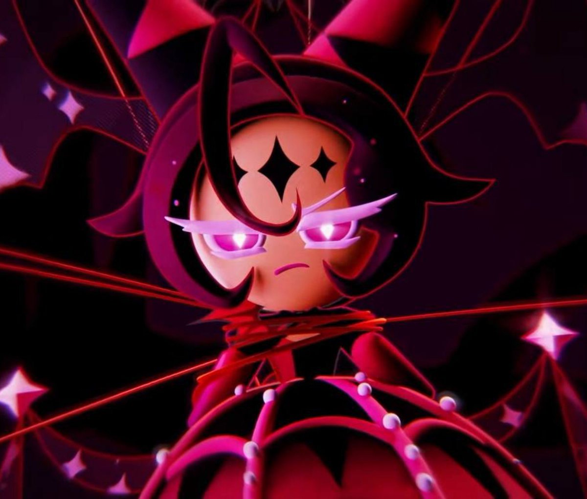 Mephist0Moon's tweet photo. Her dress looks like a torn spiderweb, I really love her gothic style and the fact that she has stars on her forehead and chest!!!! THE REDESIGN DIDN'T RUIN HER AT ALL!!!! But now, instead of a puff, she has a demonic wing. https://t.co/hEfVKsVrPw