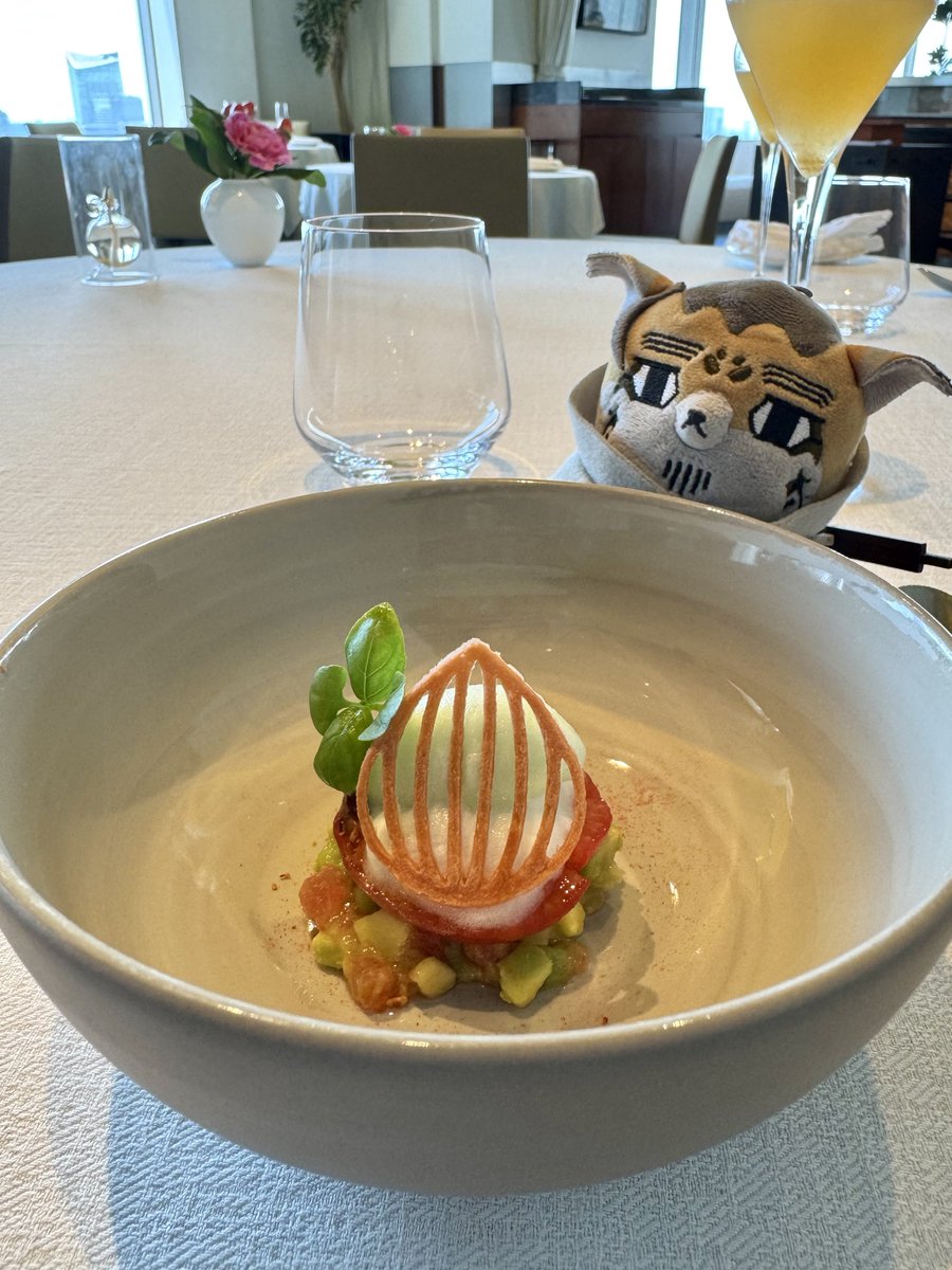 SNaka80798879's tweet photo. これはトマトのデグリネゾン。

「でぐりねぞ？」

ひとつの食材を色んな調理法で活かす事をそう言うんだって。この場合、

トマトとアボカドのタルタル
輪切トマト
トマトエキスのエスプーマ
完熟青トマトのソルベ
トマトと小麦粉を焼いたもの

を一皿にしましたって意味だよ。

#フォゼ尾といっしょ https://t.co/bQjdsmdb29
