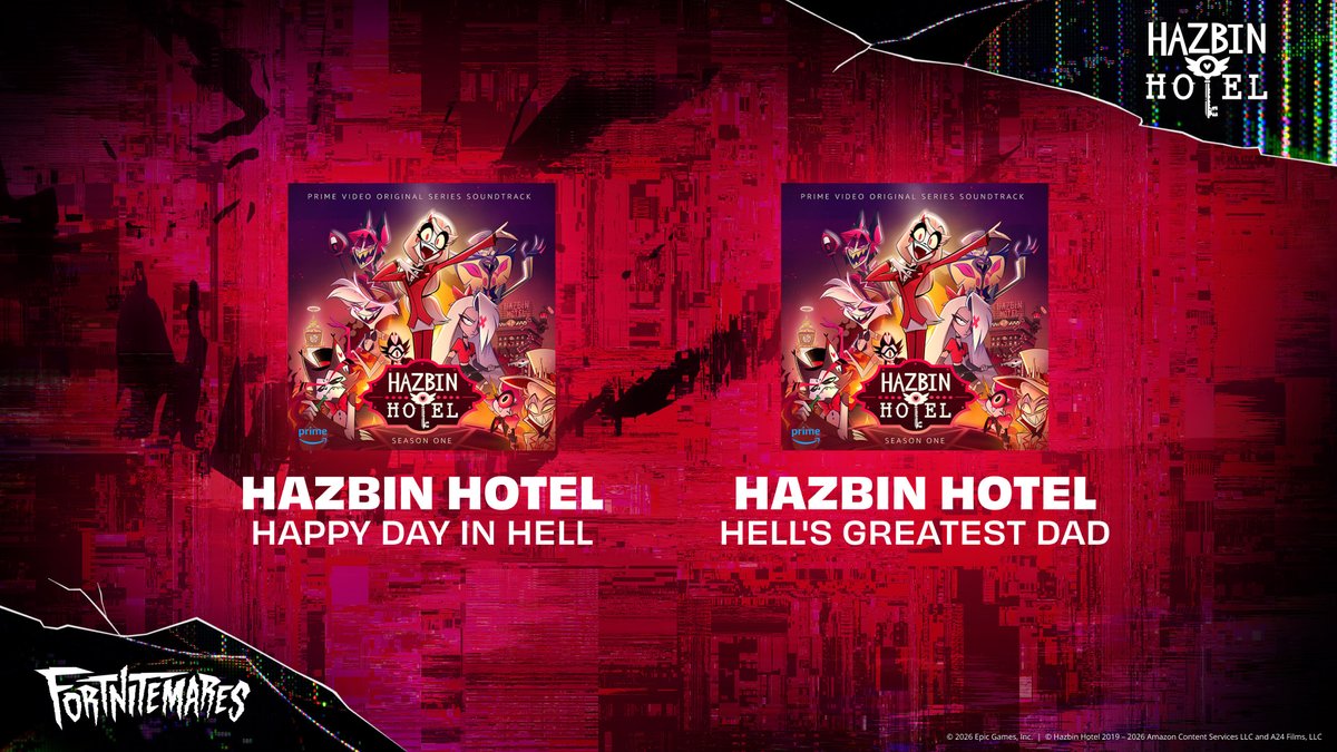 FNFestival's tweet photo. Enjoy your stay! These Hazbin Hotel Jam tracks are coming to Fortnite tonight🔥 https://t.co/WUHqTIWrb5