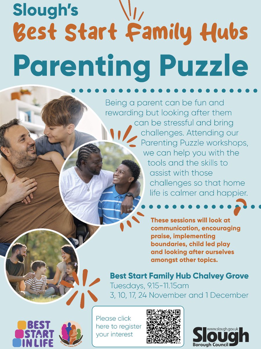 SloughCouncil's tweet photo. Being a parent can be fun &amp; rewarding but looking after them can bring challenges. 
These sessions will look at communication, child led play &amp; more. 
Tuesdays, 9.15-11.15am. 3, 10, 17, 24 Nov &amp; 1 Dec at Best Start Family Hub Chalvey Grove.
Register: https://t.co/lWoWMTwhBN https://t.co/5qjIPCGRgn