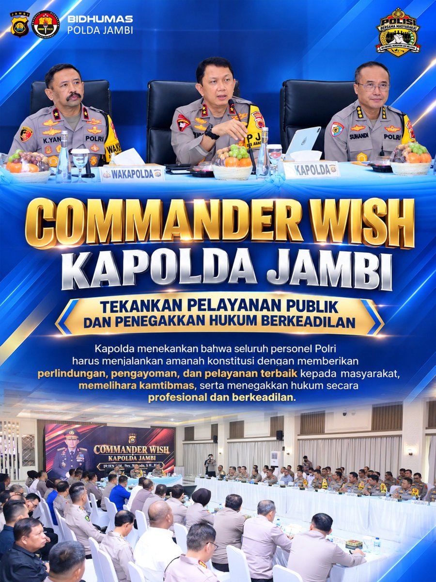 polda_jambi's tweet photo. Kapolda Jambi Irjen Pol. Drs. Widodo, menegaskan komitmen mewujudkan Polda Jambi yang berintegritas, profesional, humanis, dan dekat dengan masyarakat.
#PoldaJambi #kapoldajambi #Polisibersamamasyarakat #PelayananPublik #Jambi https://t.co/mforn3DGOW