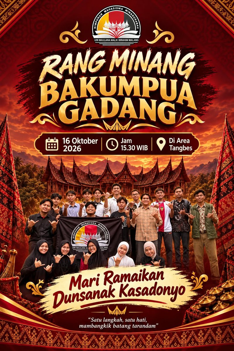 Simfonifmmalang's tweet photo. Flashnews 
Sobat muda, sore ini (16/10) Himpunan Mahasiswa Minangkabau UIN Malang lagi ngadain rang minang bakumpua gadang nih dari jam 15.30 ada di Tangga besar Kampus 1 UIN Malang. So buat kamu anak minang, buruan gas dateng dan ramein ya sobat muda🙌 

#flashnews https://t.co/8uQk5iSfEu