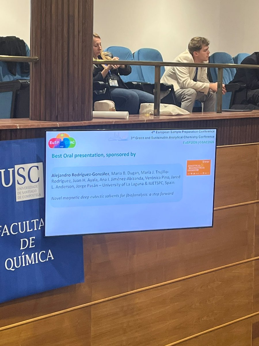 MAT4LL's tweet photo. Unbeatable closure to #EuSP2026 &amp; #GSAC2026 in Santiago de Compostela!  Alejandro delivered a fantastic talk on magnetic DES for bioanalysis, which was awarded Best Oral Presentation during the closing ceremony! Huge congratulations to @Alejandro! So proud of our team! https://t.co/TlxJ4Vdz1G