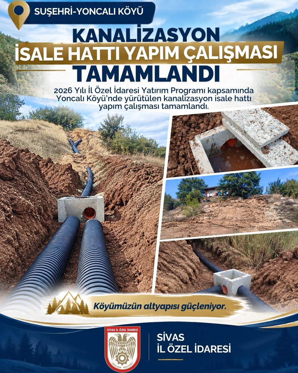ozelidaresivas's tweet photo. 📍 SUŞEHRİ - YONCALI KÖYÜ’NDE ALTYAPI ÇALIŞMASI TAMAMLANDI 🚧

2026 Yılı İl Özel İdaresi Yatırım Programı kapsamında Yoncalı Köyü’nde yürütülen kanalizasyon isale hattı yapım çalışması tamamlandı. https://t.co/oZlGMCykYk