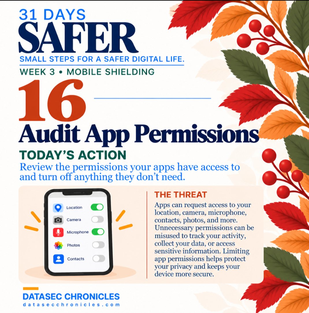 DataSecChron's tweet photo. Day 16 of #31DaysSafer π
Today: Audit App Permissions.
Does that app really need access to your location, camera, or microphone?
Take a few minutes to review your app permissions, including contacts and photos.
Turn off access that isn't necessary for the app to do its job.
Less unnecessary access means less exposure of your personal data.
One small step. One day safer. π
#CybersecurityAwarenessMonth #DigitalHygiene #InfoSec