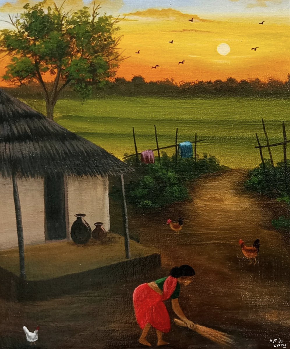 artbybenny's tweet photo. My village at sunset - My mother still sweeps like this every evening 🌅🧹

No filter. No AI. Just my childhood.

Hut, 3 hens, 2 pots, and my mom  in red saree ❤️

Hand-painted - 6 hours

Would you miss this life? 👇

#VillageLife #SunsetArt #IndianArtist #Handmade https://t.co/XvDCyWWx4V