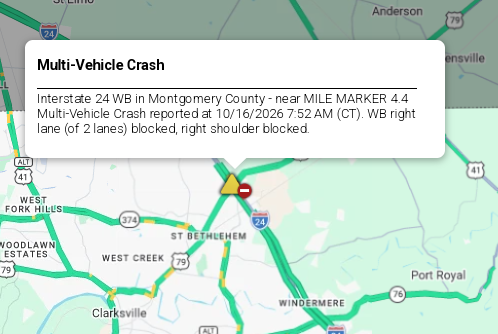 LiveTraffic2's tweet photo. Montgomery County/Clarksville Area- A crash on I-24 westbound at 4 mm 8:10am CT. https://t.co/5uK3erZB2W #CommanderChuck #Nashville #Clarksville #Tennessee #TDOT #Traffic #TrafficAlert #Follow #Gas #Live #THP #Weather https://t.co/NuTwvQrM0W
