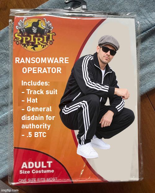 techspence's tweet photo. It’s that time of the year. Buy your ransomware operator Halloween costume today! Comes with bitcoin!

*crime not included https://t.co/JkRbATx18n