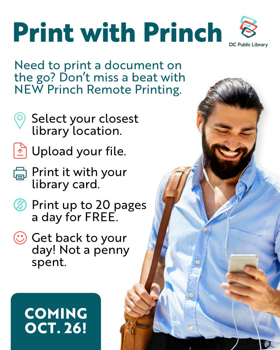 dcpl's tweet photo. 🖨️ Coming Soon! Starting Oct. 26, DC Public Library is upgrading its remote printing portal for an easier, more efficient experience. Email-based print submissions will no longer be accepted after this date. Stay tuned for more details! https://t.co/X1WOVdQ1T0 https://t.co/cQurdlXHcT