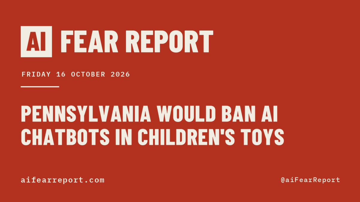aiFearReport's tweet photo. Here is how your fear of AI is being used to centralize power today.

Pennsylvania would prohibit artificial intelligence chatbots in children's toys and would impose penalties on violators. Not passed. It cites the fear that children are talking to chatbots.

Six measures in five states cite the fear that cars are driving themselves.

2,250 measures tracked. 757 carry a control, and they would hand new power to 100 offices.