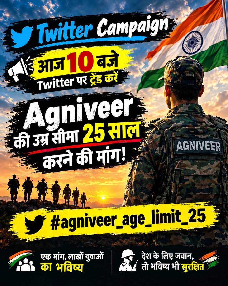 RacerVikashDas's tweet photo. अग्निवीर भर्ती में अधिकतम आयु सीमा को 25 वर्ष 
हमारी मांग: अग्निवीर भर्ती में आयु सीमा 25 वर्ष तक की जाए।

#Agniveer_age_limit_25
#AgniveerAgeRelaxation #Agniveer #IndianArmy @adgpi https://t.co/gwCd6vKHeZ