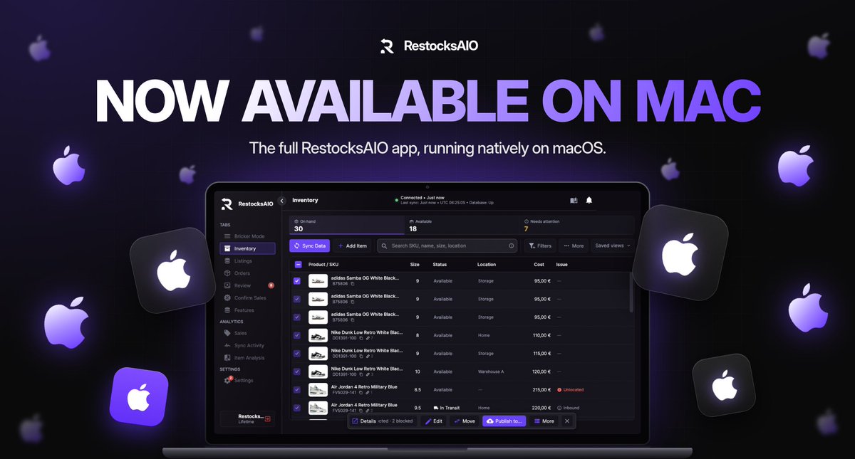 RestocksAIO's tweet photo. 🍏MacOS Support now available

RestocksAIO app is now available for Mac!
Running on Apple Silicon and Intel Macs with MacOS12 or higher

Want to try RestocksAIO for FREE? Check the first comment 🔗 https://t.co/7v6dhgKtqG