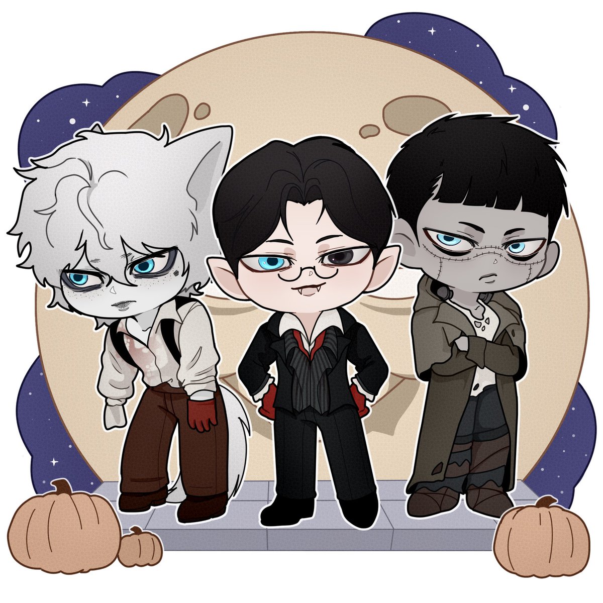 swpt182oo's tweet photo. Did you see Brother? 🫢
I want Halloween to be there soon enough... 
The fog trio wearing costumes from my favorite movie, Frankenstein by GDT 🎃

Artwork done by @AniMaoo_2 😊
#포그랜드 #fogland https://t.co/0lXHBYpwLu