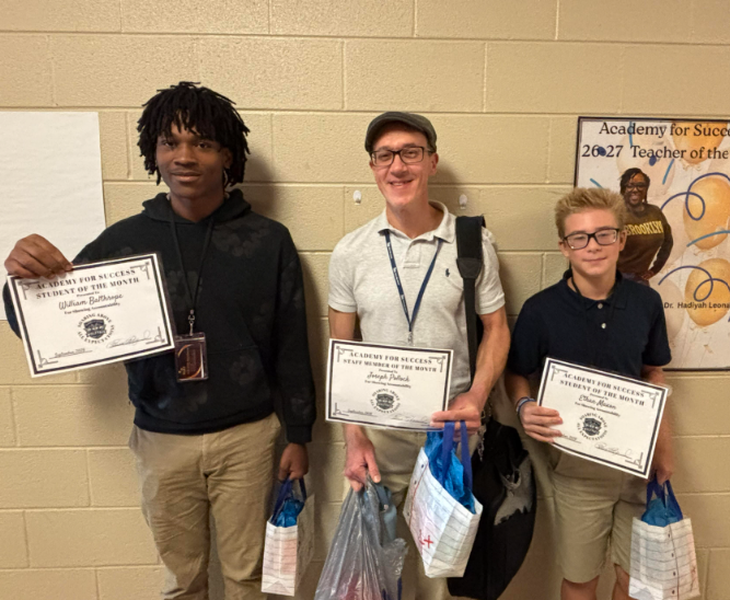 AFSWolfpack's tweet photo. Left to Right (Month of September):  High School student of the Month,  Teacher (Mr. Pollack) of the Month, &amp; Middle School student of the Month🎉 https://t.co/ffqqhYnXBF