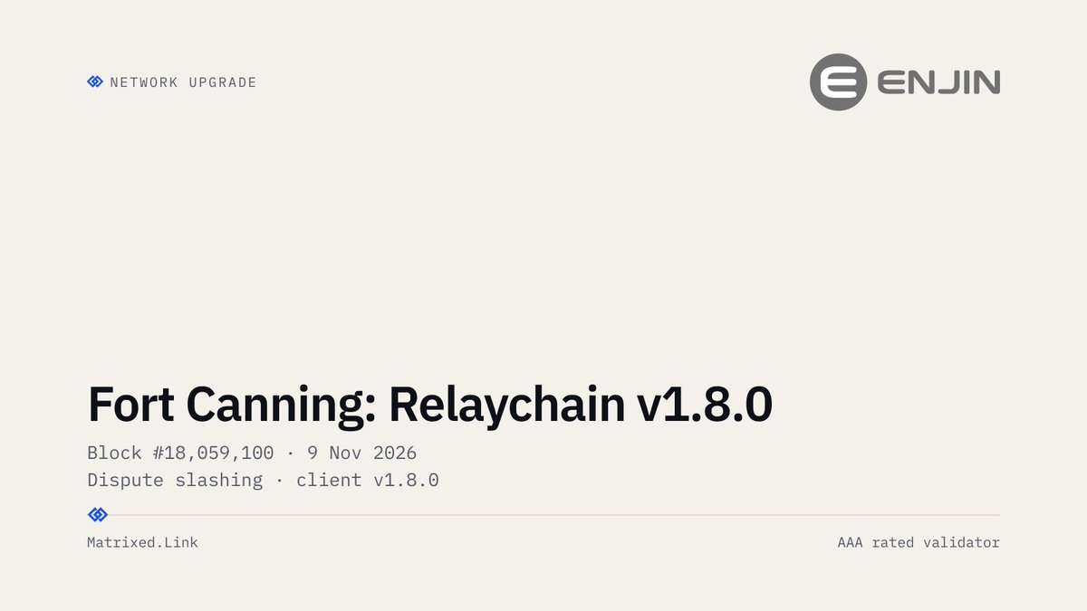 MatrixedLink's tweet photo. Fort Canning, Enjin Relaychain runtime v1.8.0, is set for 9 Nov at block #18,059,100 if its referendum passes.

It brings dispute slashing to @enjin: validators that back or approve an invalid candidate lose stake, and so do their nominators.

Validators need client v1.8.0. https://t.co/SntmZ6WENo
