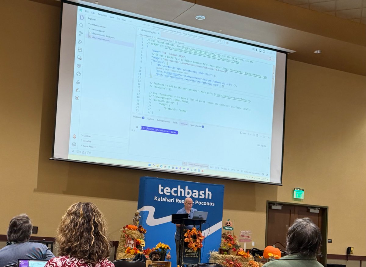 SchuylkillTech's tweet photo. Learning about Dev Containers from @jguadagno at #TechBash https://t.co/VUJrFWc1Py