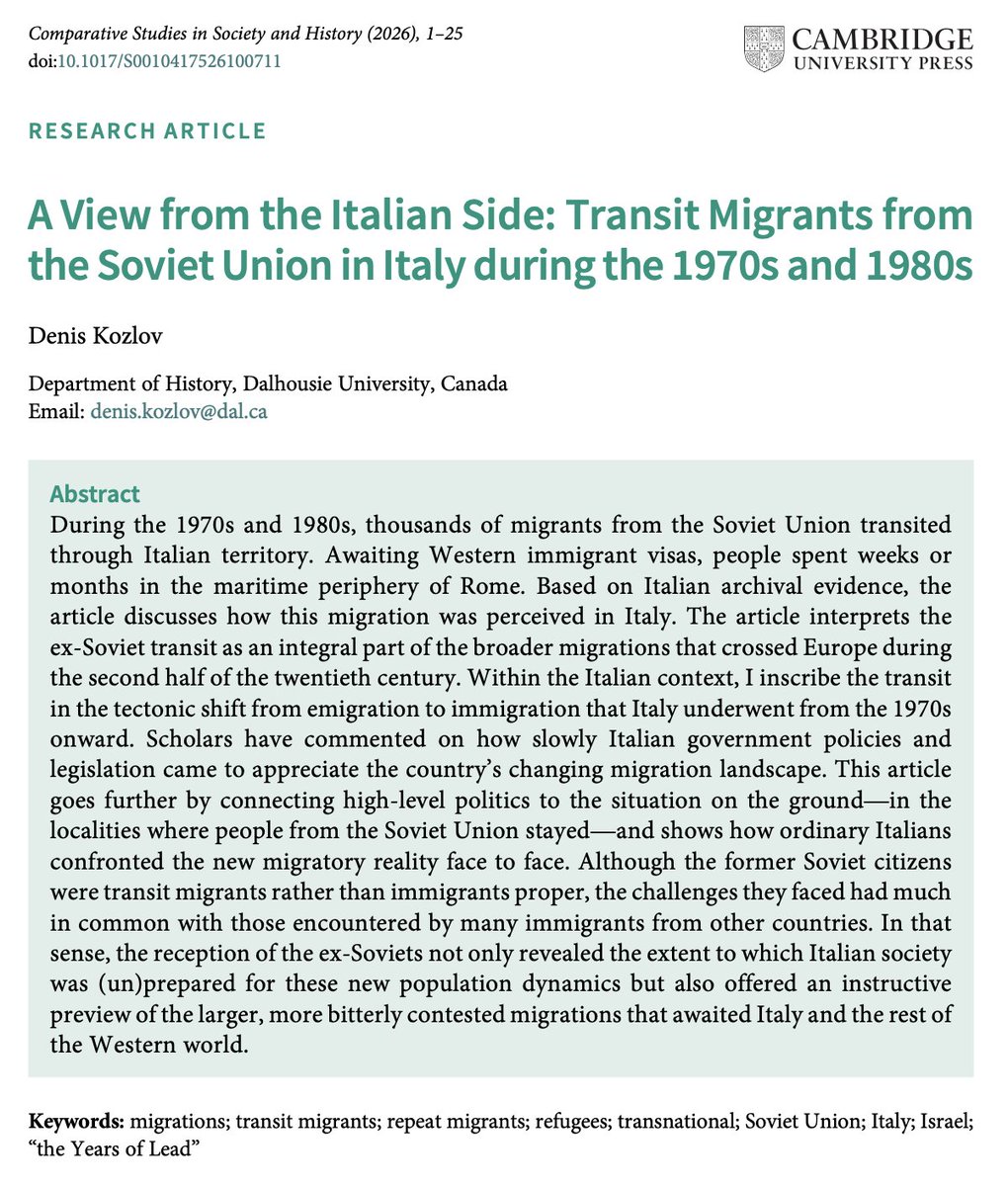 CSSHJournal's tweet photo. Now on FirstView, Deniz Kozlov's "A View from the Italian Side: Transit Migrants from the Soviet Union in Italy during the 1970s and 1980s." #OpenAccess  #SovietUnion #Italy 

https://t.co/Y1AUsglnvq https://t.co/ArEyVWPjrC