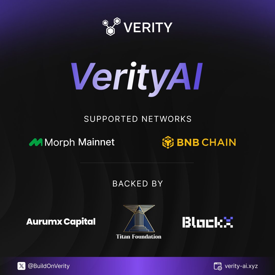 BuildOnVerity's tweet photo. Big milestone for VerityAI 🎉

We’ve secured investment from AURUMX Capital, an institution with a background in traditional finance and digital asset compliance.

As we expand across chains, VerityAI now supports @MorphNetwork alongside @BNBCHAIN, bringing our verifiable reputation infrastructure to more users.

We keep building to turn market signals and research into traceable, verifiable reputation assets.