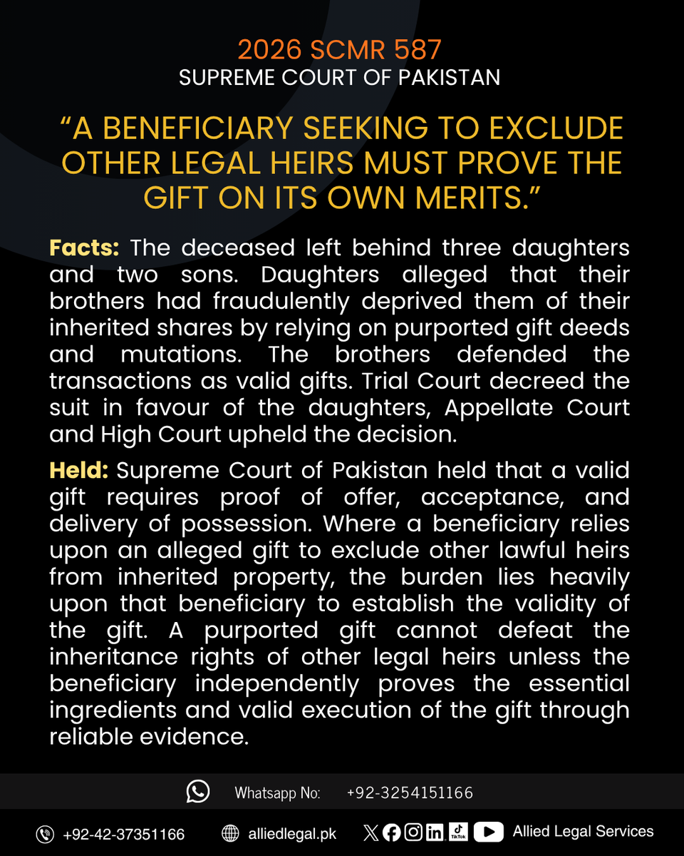 AlliedLegalpk's tweet photo. 2026 SCMR 587 - SUPREME COURT OF PAKISTAN
A BENEFICIARY SEEKING TO EXCLUDE OTHER LEGAL HEIRS MUST PROVE THE GIFT ON ITS OWN MERITS.
.
#SUPREMECOURTOFPAKISTAN #2026SCMR587 #HIBALAW #GIFTLAND #PROPERTYRIGHTS #INHERITANCELAW #LEGALHEIRS #BURDENOFPROOF #PAKISTANLAW #CIVILLAW https://t.co/o2aYxODdjx