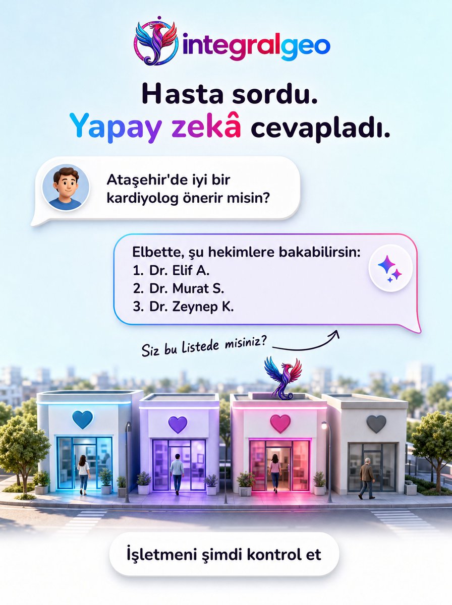 integralgeo's tweet photo. "Ataşehir'de iyi bir kardiyolog önerir misin?"

Artık bu soru yapay zekâya da soruluyor; araştırma onun saydığı isimlerle başlıyor.

Sizin branşınızda, semtinizde adınız o cevapta olur muydu?

GPT ve Gemini'de adınızın geçip geçmediğini ölçün: https://t.co/nxOsfTaEvK

#yapayzeka https://t.co/WL7Vt95NGL