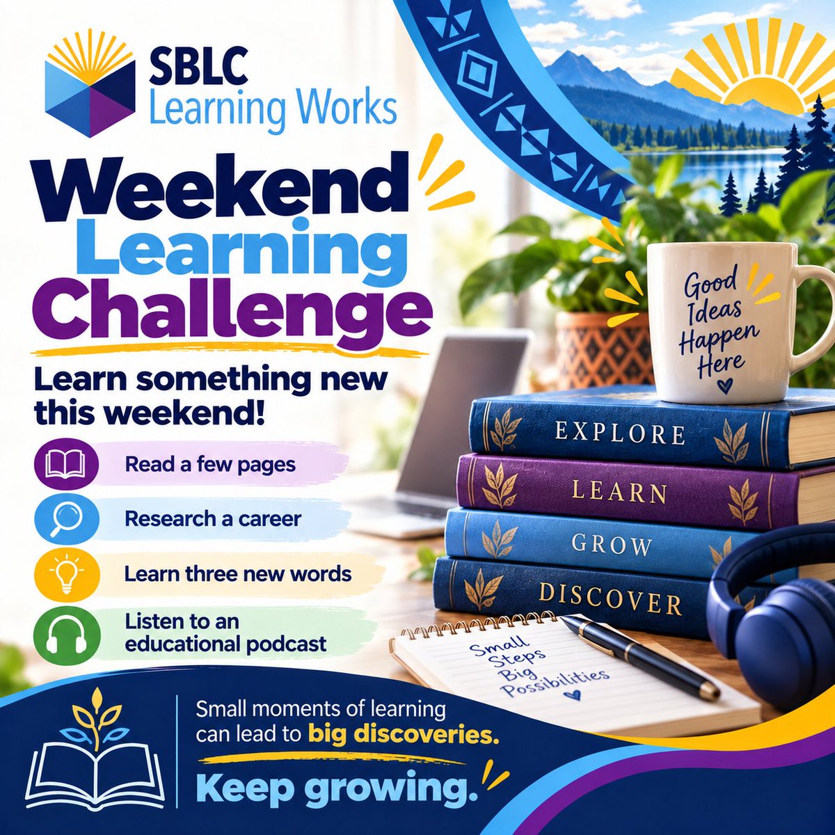 SoBoLearns's tweet photo. 📖✨ WEEKEND CHALLENGE: Spend 15 minutes learning something new! 📚💻📝🎧💬 What will you learn? 🌐 https://t.co/Z3106lshCg #WeekendLearningChallenge #SBLC #LifelongLearning #LiteracyMatters #KeepGrowing https://t.co/LStjVDLryh