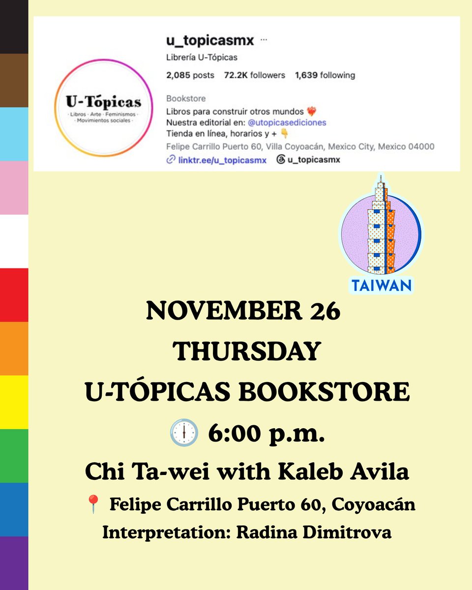 Tawei_Chi's tweet photo. 🇲🇽 🏳️‍🌈 🏳️‍⚧️ I look forward to discussing Membranas with readers in Mexico City.

Nov 26, 6 pm: U-Tópicas, with Kaleb Avila
Nov 27, 7 pm: @SomosVocesMX, with Fer Dablo
Both events in 2026, with interpretation by Radina Dimitrova.

#CDMX #Membranas https://t.co/vNf5uJiNc1