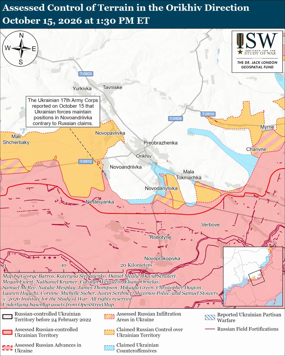 TheStudyofWar's tweet photo. Map Updates🧵(1/3) ⬇️

Ukrainian forces recently advanced north of Kupyansk and southwest of Orikhiv.

- Ukrainian forces recently advanced west of Holubivka, according to geolocated footage published on October 14. Russian forces concentrated assaults toward Radkivka (north of Kupyansk) on October 14 and 15 but did not advance.

- Ukrainian forces recently advanced southwest of Orikhiv. The Ukrainian 17th Army Corps reported on October 15 that Ukrainian forces control Novoandriivka, refuting previous Russian claims. Russian forces continued offensive operations in the Hulyaipole direction on October 14 and 15 but did not advance.