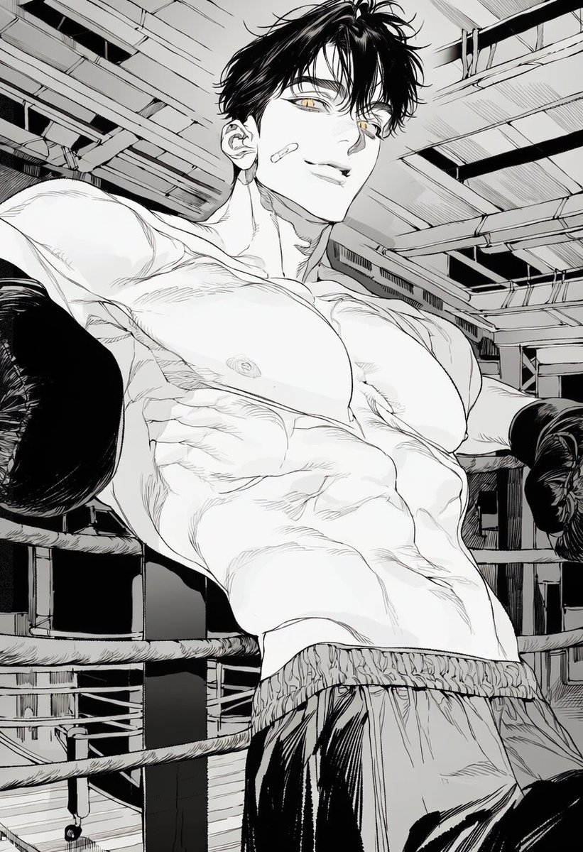 Mungmung130536's tweet photo. NAI / V5 사용
── ⌁── ⌁── ⌁── ⌁
/ 자유롭게 사용 가능
/ 복싱

[ prompt ]
1boy, boxing gym, shirtless, black boxing gloves, leaning backward against the boxing ring ropes, boxing ropes behind his torso, back supported by the ropes, both arms stretched wide behind him and resting along the ropes, chest naturally open, relaxed dominant posture, low angle from below, slightly pulled-back camera, medium-long shot, from head to upper thighs, three-quarter front view, looking down toward the camera, spacious composition, clear negative space around the body, boxing ring and gym interior clearly visible around him, small cuts and bruises on the face, small white adhesive bandages on cheek and eyebrow, empty boxing gym, dim industrial ceiling lights, cinematic indoor lighting