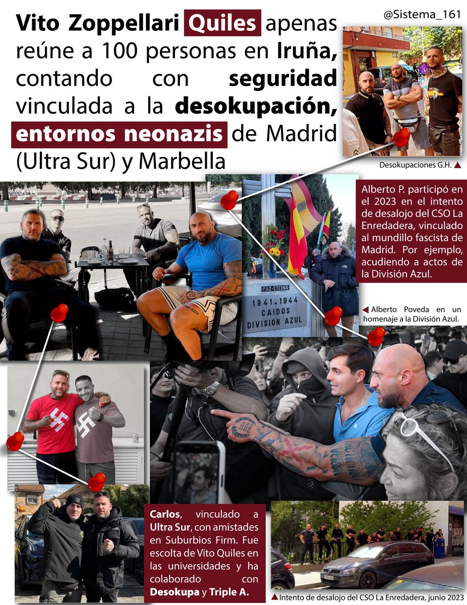 Sistema_161's tweet photo. Vito Zoppellari Quiles apenas reúne a 100 personas en Iruña, contando con seguridad vinculada a la desokupación, entornos neonazis de Madrid (Ultra Sur) y Marbella.
🧵👇 https://t.co/9jj12jel9z