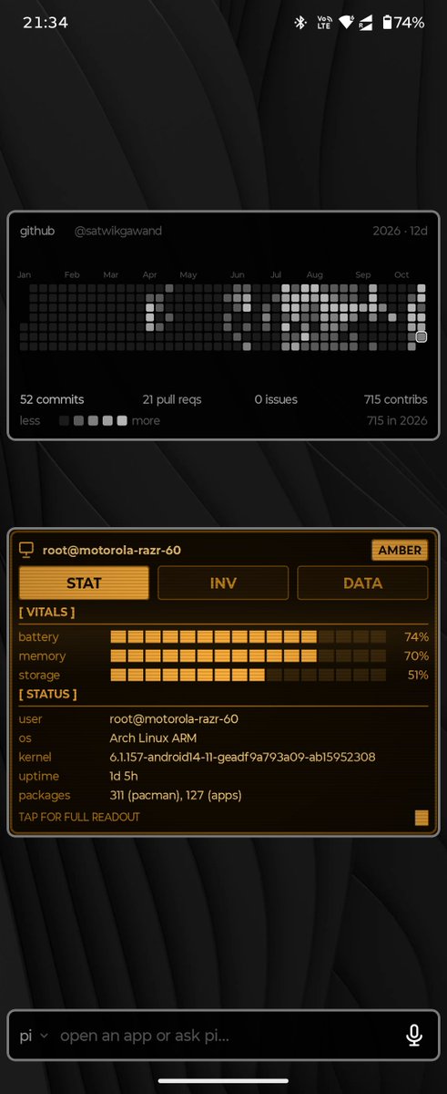 satwikgawand's tweet photo. Pushed 2 widgets to Omalauncher today.

A GitHub contribution heatmap. And a pipboy style system info.

Though small, starts my open source journey. Hope to contribute to some actual system improvements and additions soon. https://t.co/JRCdnYeSjP