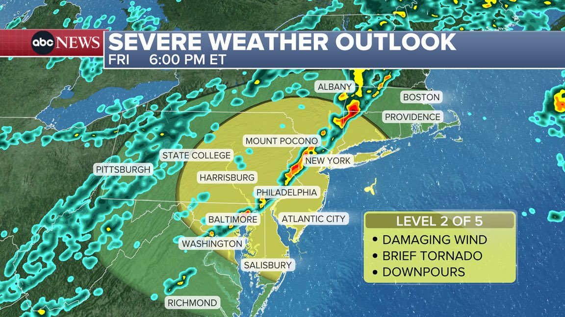 Ginger_Zee's tweet photo. 10-16-26 Not only will this powerful cold front drop temperatures 20 to 30° for many from the northeast down to the Gulf Coast, but also severe storms with damaging wind this afternoon and evening in the Risk area highlighted here in yellow from New Haven Connecticut down to Washington DC back up through the Poconos