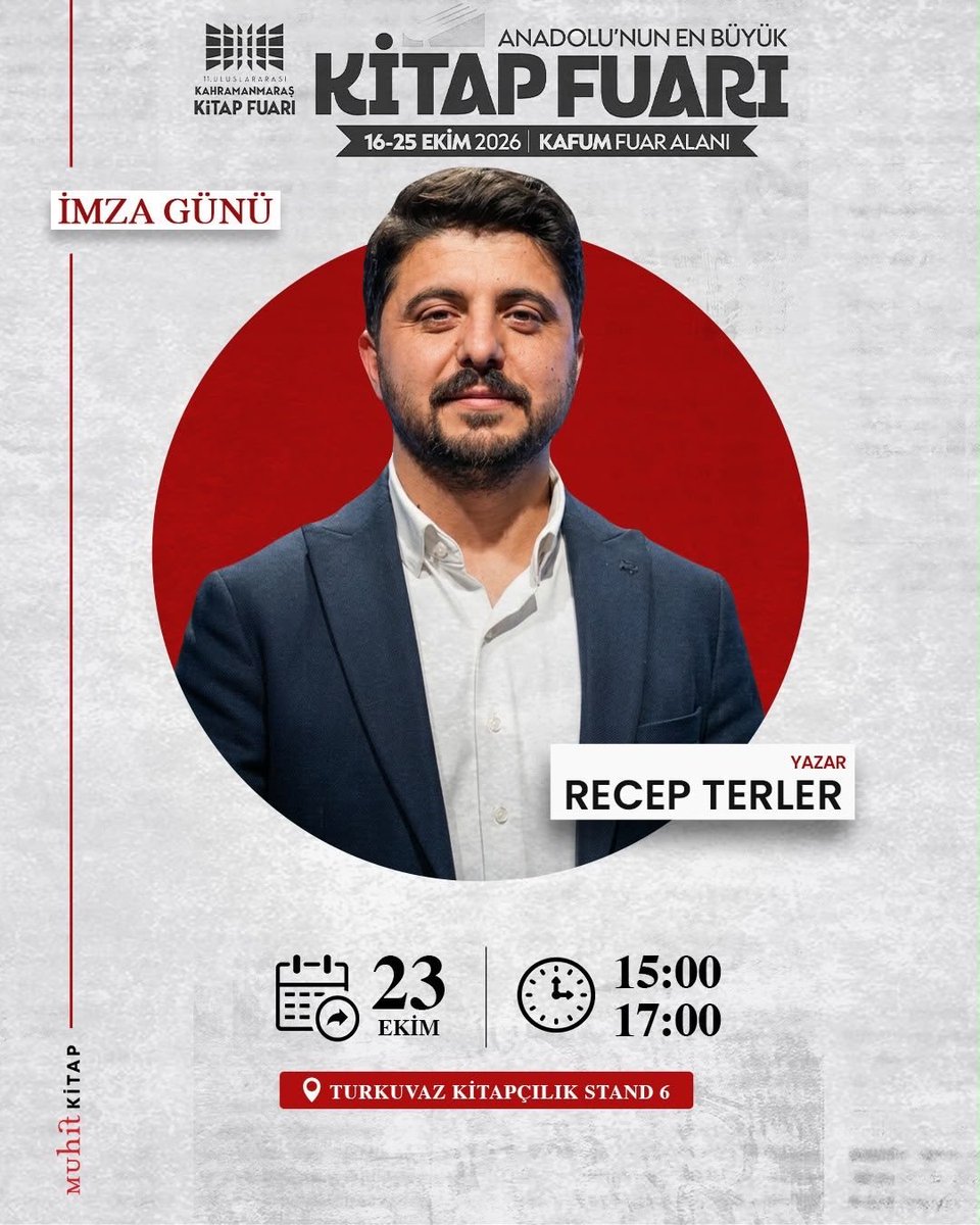 ayasofyadergisi's tweet photo. Genel yayın yönetmenimiz Recep Terler'in, memleketi Kahramanmaraş'ta imza günü olacaktır.

🔖: 11. Uluslararası Kahramanmaraş Kitap Fuarı
🗓️: 23 Ekim Cuma günü
🕒: 15:00 - 17:00 arası
📍: Muhit Kitap
#muhit #kitap #imzagünü https://t.co/4v5jEv5F28