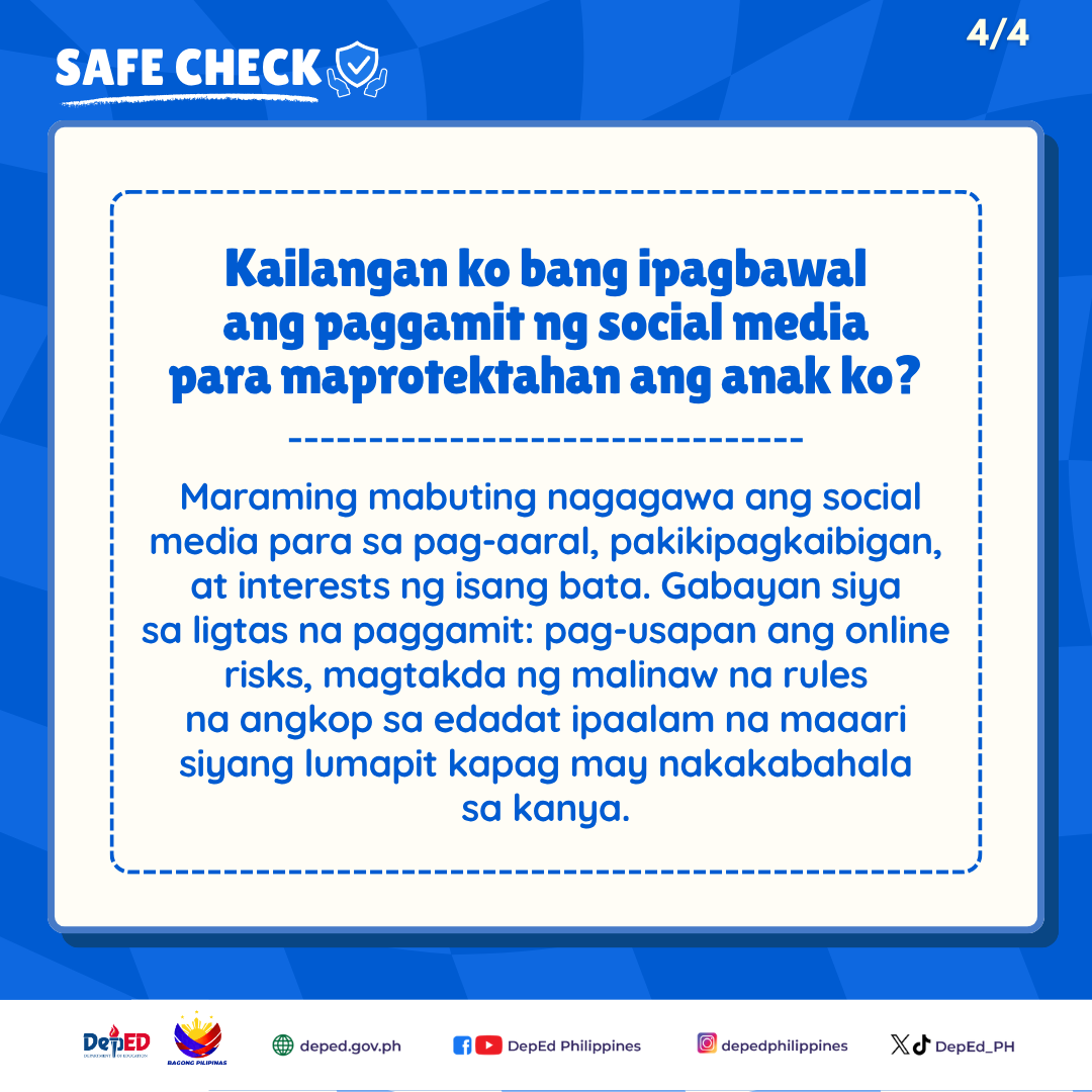 DepEd_PH's tweet photo. Mahalagang kaagapay sa paghubog ng mabuting asal at values ng mga bata ang pamilya. 

Sa #KaagapayProgram, binibigyan natin ang mga magulang at guardian ng praktikal na gabay at kaalaman mula sa mga eksperto upang mas maunawaan at masuportahan ang kanilang mga anak.

Narito ang ilang paalala para sa mas matatag na ugnayan at mas positibong paggabay sa ating mga anak.

#DepEdSchoolSafety #SafeCheck #DepEdPhilippines #BagongPilipinas