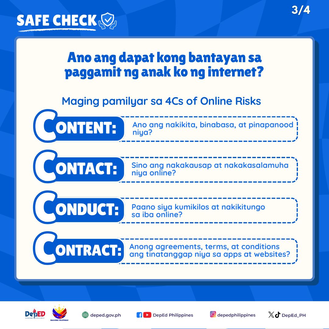 DepEd_PH's tweet photo. Mahalagang kaagapay sa paghubog ng mabuting asal at values ng mga bata ang pamilya. 

Sa #KaagapayProgram, binibigyan natin ang mga magulang at guardian ng praktikal na gabay at kaalaman mula sa mga eksperto upang mas maunawaan at masuportahan ang kanilang mga anak.

Narito ang ilang paalala para sa mas matatag na ugnayan at mas positibong paggabay sa ating mga anak.

#DepEdSchoolSafety #SafeCheck #DepEdPhilippines #BagongPilipinas