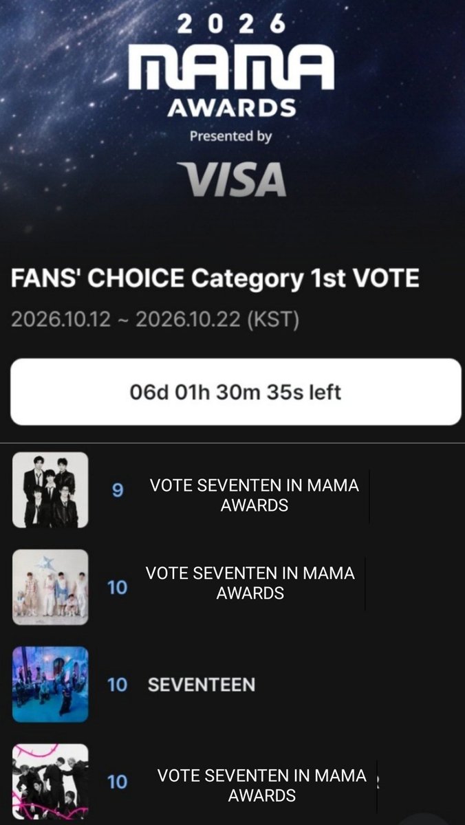 felinology_'s tweet photo. [𝗙𝗔𝗡'𝗦 𝗖𝗛𝗢𝗜𝗖𝗘 𝗖𝗔𝗧𝗘𝗚𝗢𝗥𝗬]

SEVENTEEN has finally made it into the TOP 10 but since three artists are tied at #10, we need to push harder and get svt to a higher rank. WIDEN THE GAP :)

🗳️1 vote per device/day 
🔗: https://t.co/gMkm0cSpOD

#2026MAMAVOTE #SEVENTEEN https://t.co/urEeqbpEHX