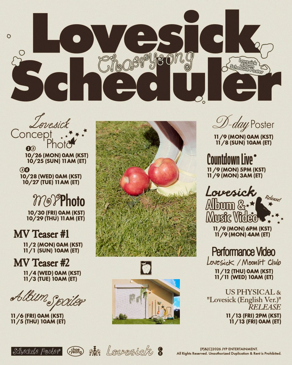 ITZYofficial's tweet photo. CHAERYEONG <Lovesick> 
PROMOTION SCHEDULER

💿 ALBUM RELEASE
2026.11.09 MON 6PM (KST) | 4AM (ET)

#ITZY #MIDZY @ITZYofficial
#CHAERYEONG #채령
#Chaeryeong_Lovesick https://t.co/N1cbBdxzCJ